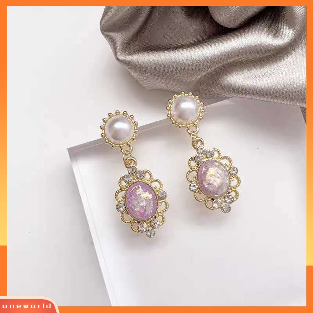 [WOD] 1pasang Wanita Drop Earrings Shiny Cubic Zirconia Mutiara Imitasi Royal Hollow Keluar Anting Perjamuan Perhiasan Perempuan