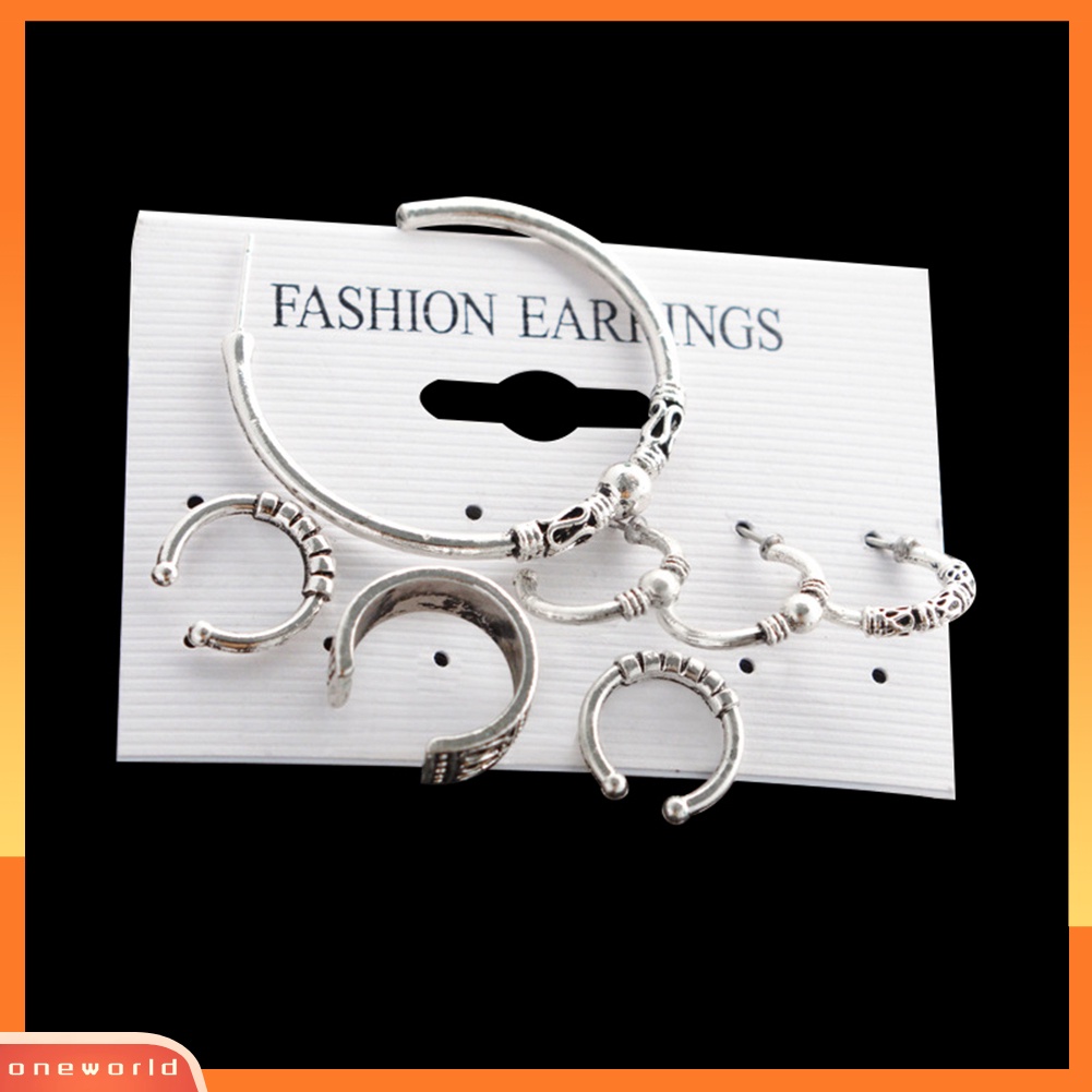 [WOD] 7pcs Boho Wanita Retro Manik-Manik Ukir Bentuk C Alloy Hoop Earrings Set Perhiasan