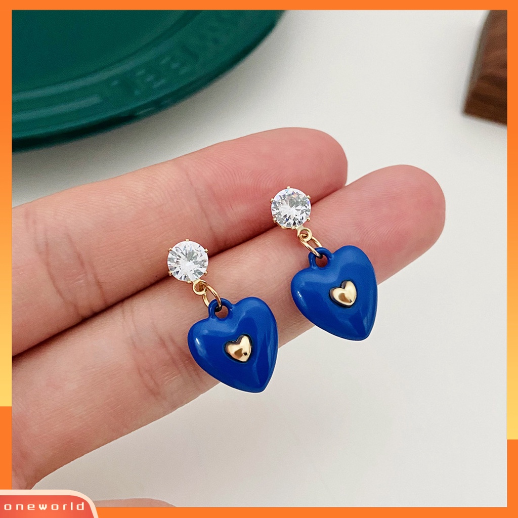 [WOD] 1pasang Anting Wanita Hati Cubic Zirconia Perhiasan Tetes Minyak Warna Cerah Menjuntai Anting Hadiah Ulang Tahun