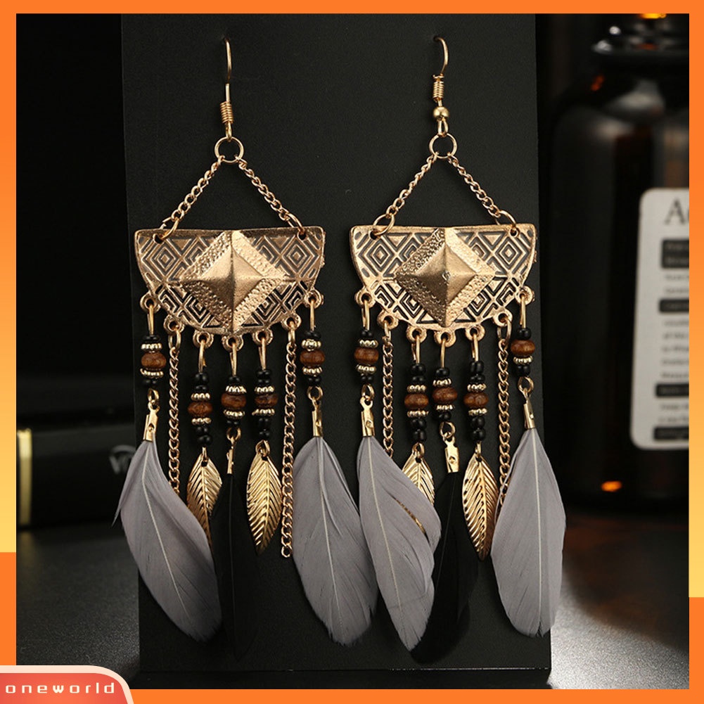 [WOD] Boho Geometris Bentuk Kipas Rumbai Manik-Manik Anting Bulu Statement Lady Ear Hooks