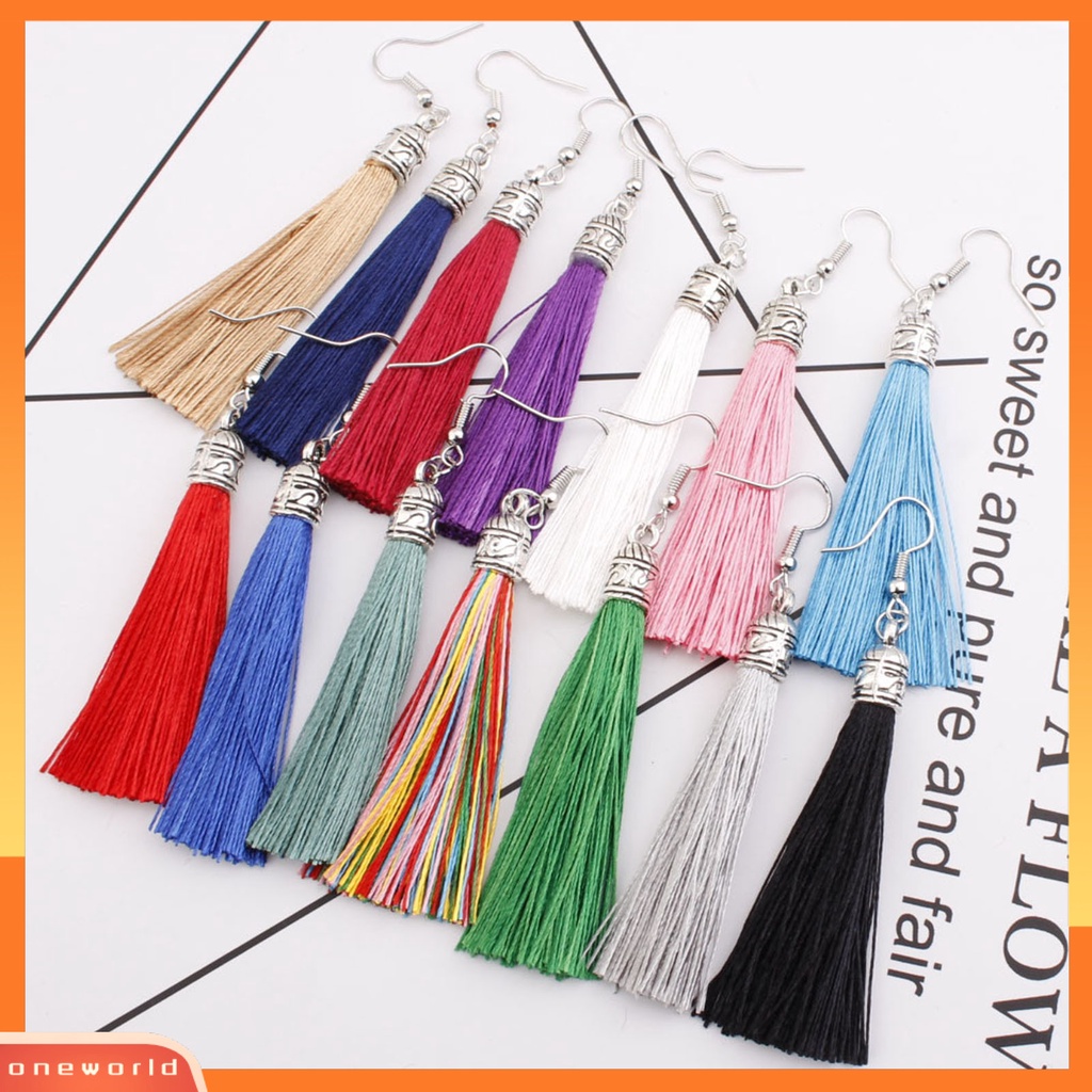 [WOD] 1pasang Anting Kait Bohemian Artistik Benang Katun Fringe Desain Menjuntai Earrings Aksesoris Telinga