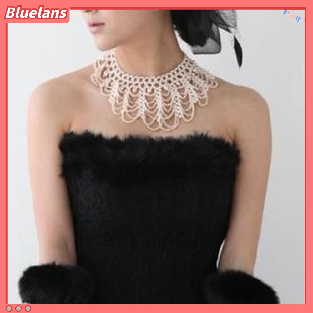 [BLS] Wanita Elegan Melubangi Mutiara Imitasi Choker Bib Collar Statement Necklace