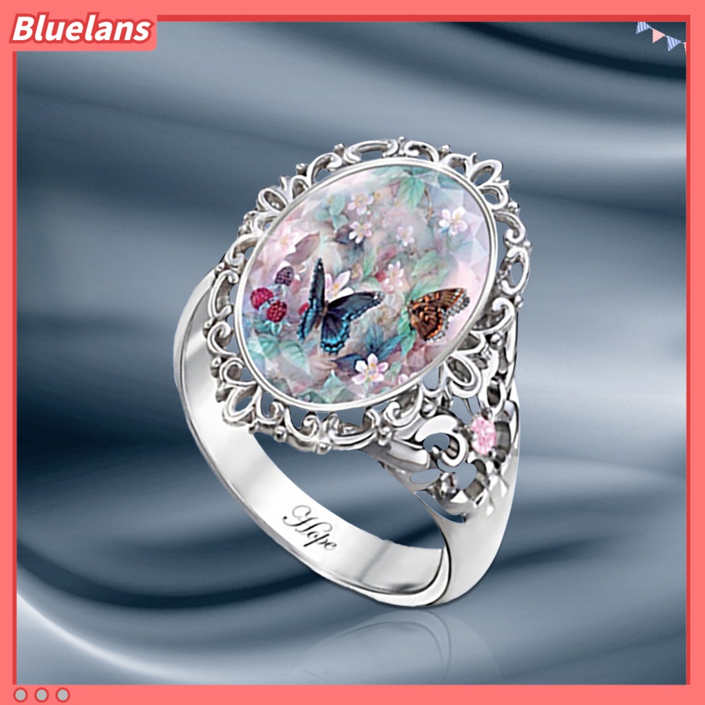 [BLS] Aksesori Perhiasan Wanita Dekorasi Elegan Potongan Oval Enamel Bunga Butterfly Ring Untuk Pesta