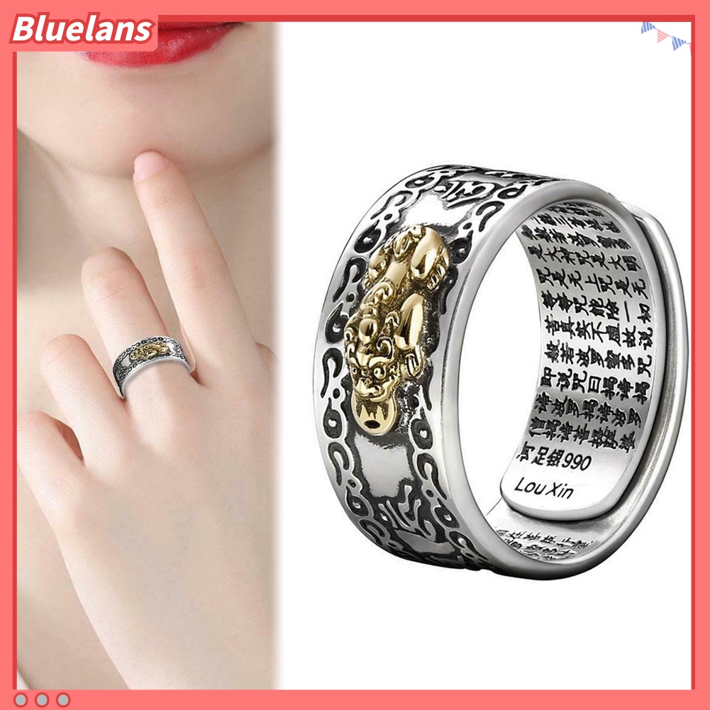 [BLS] Pria Beruntung Perak Berlapis Piqiu Sutra Hati Terukir Pembukaan Jari Cincin Perhiasan