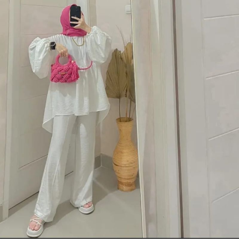 Beca One Set Setelan Cutbray Lengan Balon Pololinen setcel wanita remaja kemeja dan celana terbaru kekinian korean style