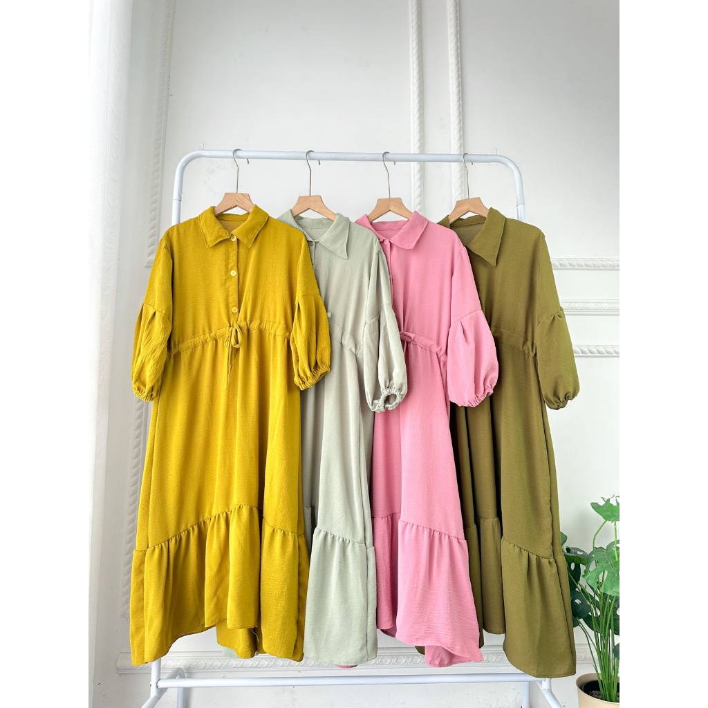 Lana Midi Dress Korean Style Busui Friendly Crinkle Premium Dress Ruffle Muslim Terbaru Kekinian