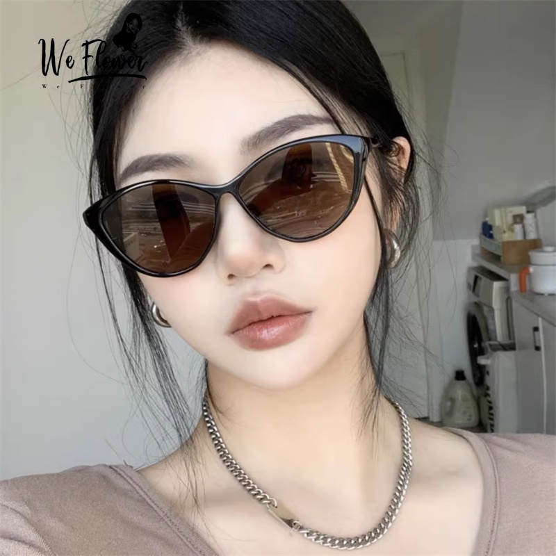 We Flower Korean Trendy Lensa Coklat Besar Mata Kucing Kacamata Hitam Untuk Wanita Pria Chic UV400 Melindungi Kacamata Anti Radiasi Aesthetic Shades Outdoor Liburan Mengemudi Eyewear