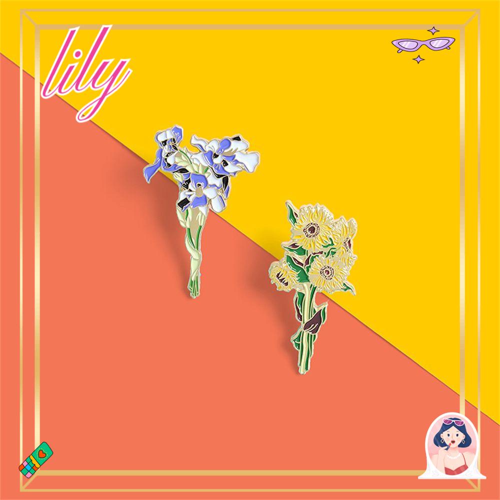 Lily Sunflower Pin Art Elegan Lukisan Lencana Enamel