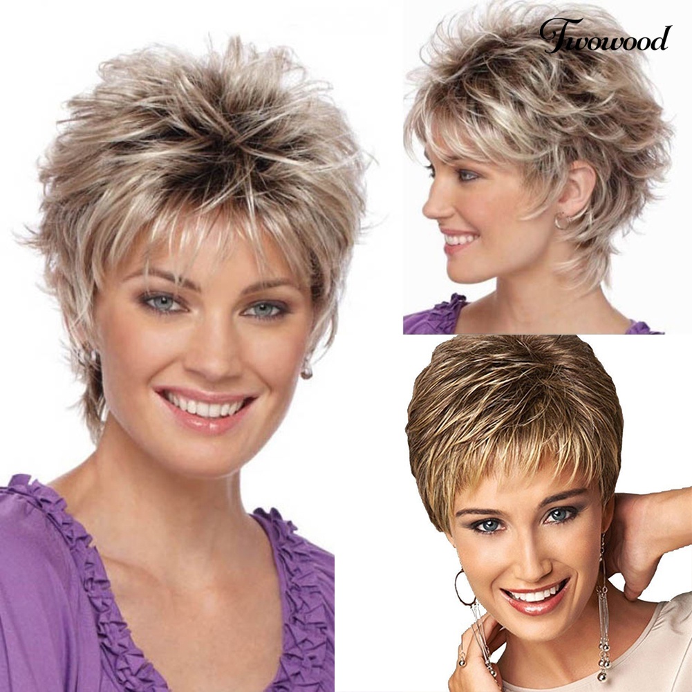 Twowood Fashion Wanita Potongan Rambut Pendek Shag Short Curly Ombre Wig Pesta Club