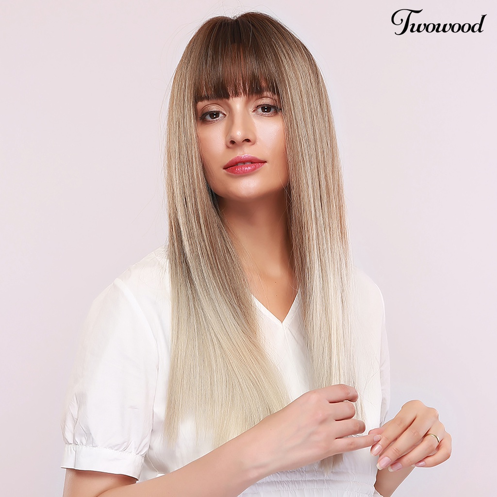 Wig Twowood Wanita 24inch Tahan Panas Panjang Lurus Rambut Alami Sintetis Dengan Bang