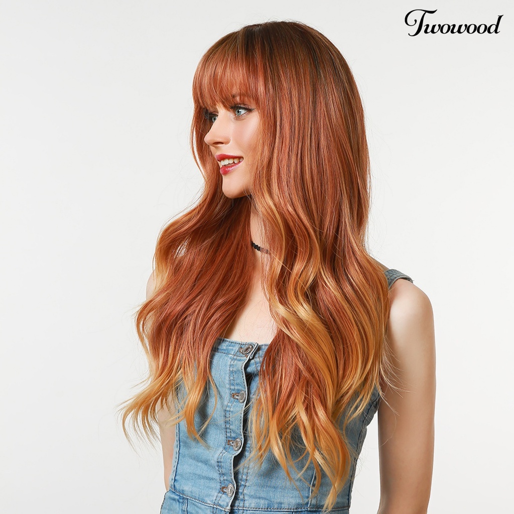 Twowood Wanita Wig Rambut Rapi Poni Bernapas Ringan Halloween Cosplay Wig Gelombang Panjang Untuk Perempuan