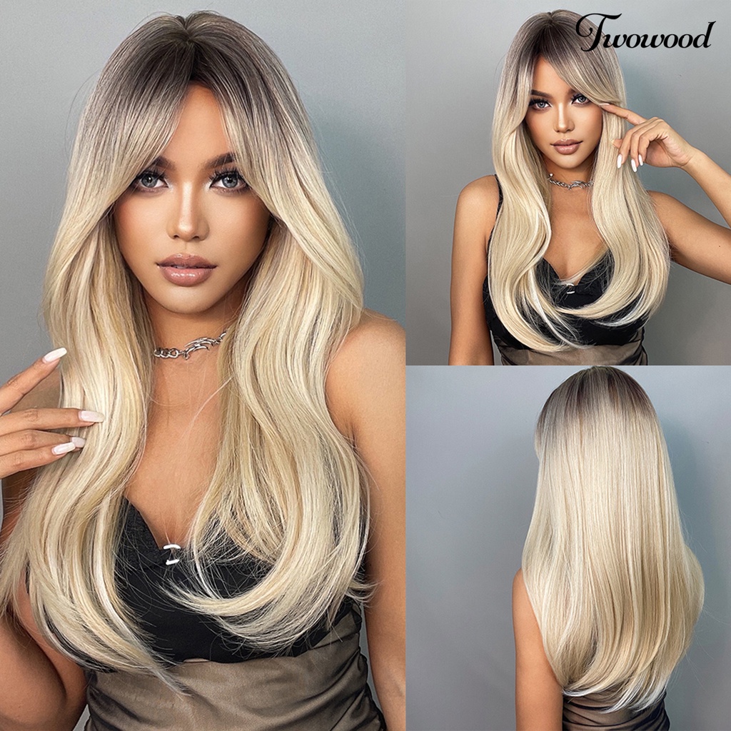 Twowood Wig Poni Sebagian Universal Halus Ringan Poni Pisah Sebagian Coklat Gradiasi Rambut Palsu Pirang Untuk Rumah