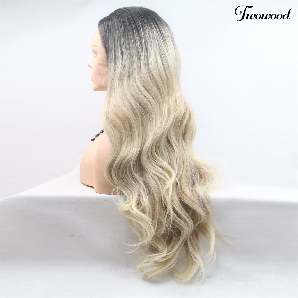 Twowood Wig Keriting Panjang Universal Halus Ringan Medium Split Long Smoky Grey Gradient Blonde Wig Untuk Rumah