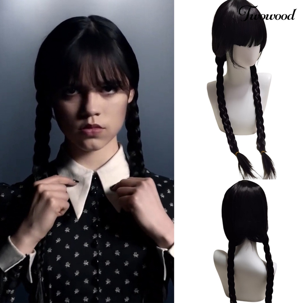 Twowood Serat Suhu Tinggi Dikepang Halus Wig Dengan Poni Film Rabu Addams Cosplay Wanita Wig Alat Styling Rambut