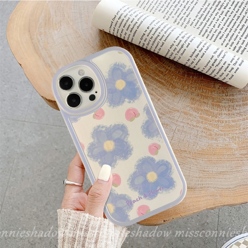 Lovely Blue Flower Peach Case Kompatibel Untuk IPhone XR 7Plus X XS Max12 11 14 13 Pro Max 7 8 6 6s Plus SE 2020lucu Kartun Kelinci Lembut Shockproof TPU Penutup Belakang