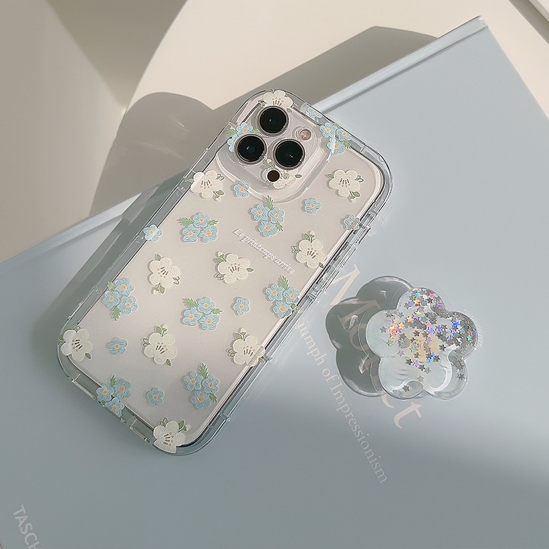 INS Blue White Flowers Popsocket Soft TPU Case iP iPhone 14 + Plus 11 12 13 Pro Max Clear FTD Girl Woman Casing Apple