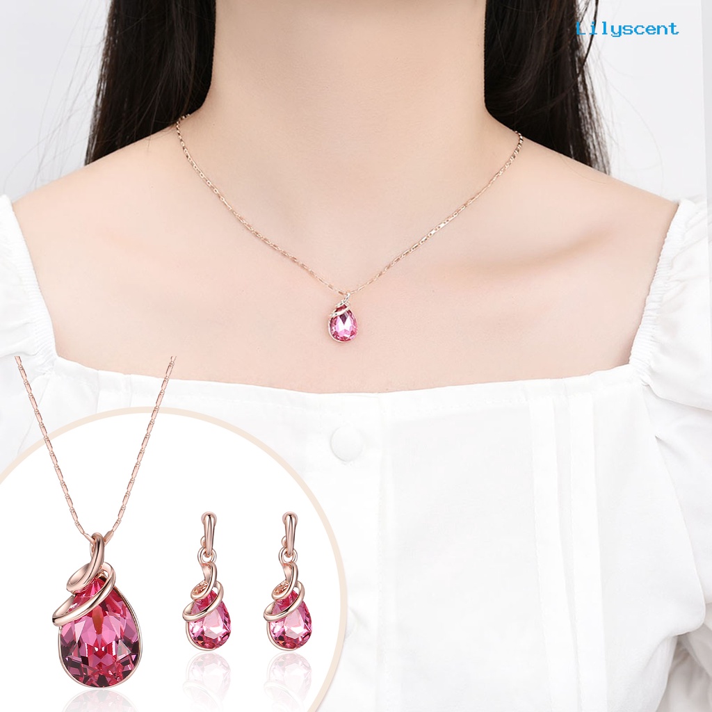 [LS]1 Set Wanita Kalung Elegan Mewah Hadiah Mulia Tetesan Air Merah Berlian Imitasi Bertatahkan Stud Anting Kit Fashion Perhiasan