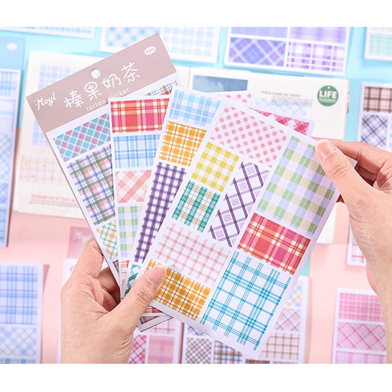 4lembar Lucu Kotak-Kotak Garis Seri Washi Stiker Mahasiswa Scrapbook Deco DIY Bahan Stiker