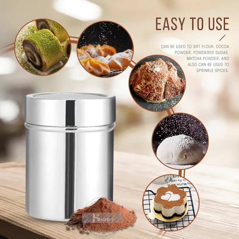 Stainless Steel Sprinkle Cocoa Sugar Gauze Mesh Jar/Botol Bumbu Kain Lap Bubuk Kopi Mewah