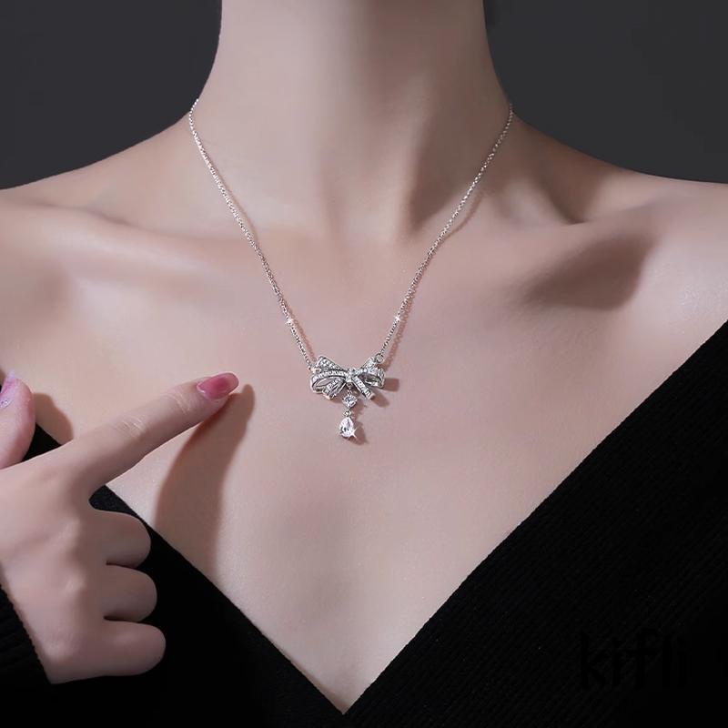 [KD]Pearly-lustre Classic Bow Knot Zircon Collarbone Necklace Kalung Tetesan Air Rasa Canggih