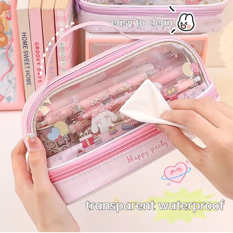 Happy Party Double Layer Pencil Case Kapasitas Besar Lucu Kartun Genggam Ritsleting Kotak Pensil Transparan Tas Pulpen Tas Penyimpanan Siswa Alat Tulis