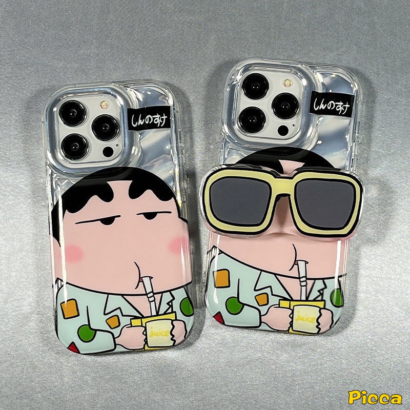 Mewah Dazzle Warna Kartu Laser Kacamata Hitam Keren Crayon Shin-Chan Case Kompatibel Untuk IPhone XR 11 13 14 12 Pro Max7 8 6 6S Plus X XS MAX SE 2020 Case 3D Dengan Stiker Hati Berlian