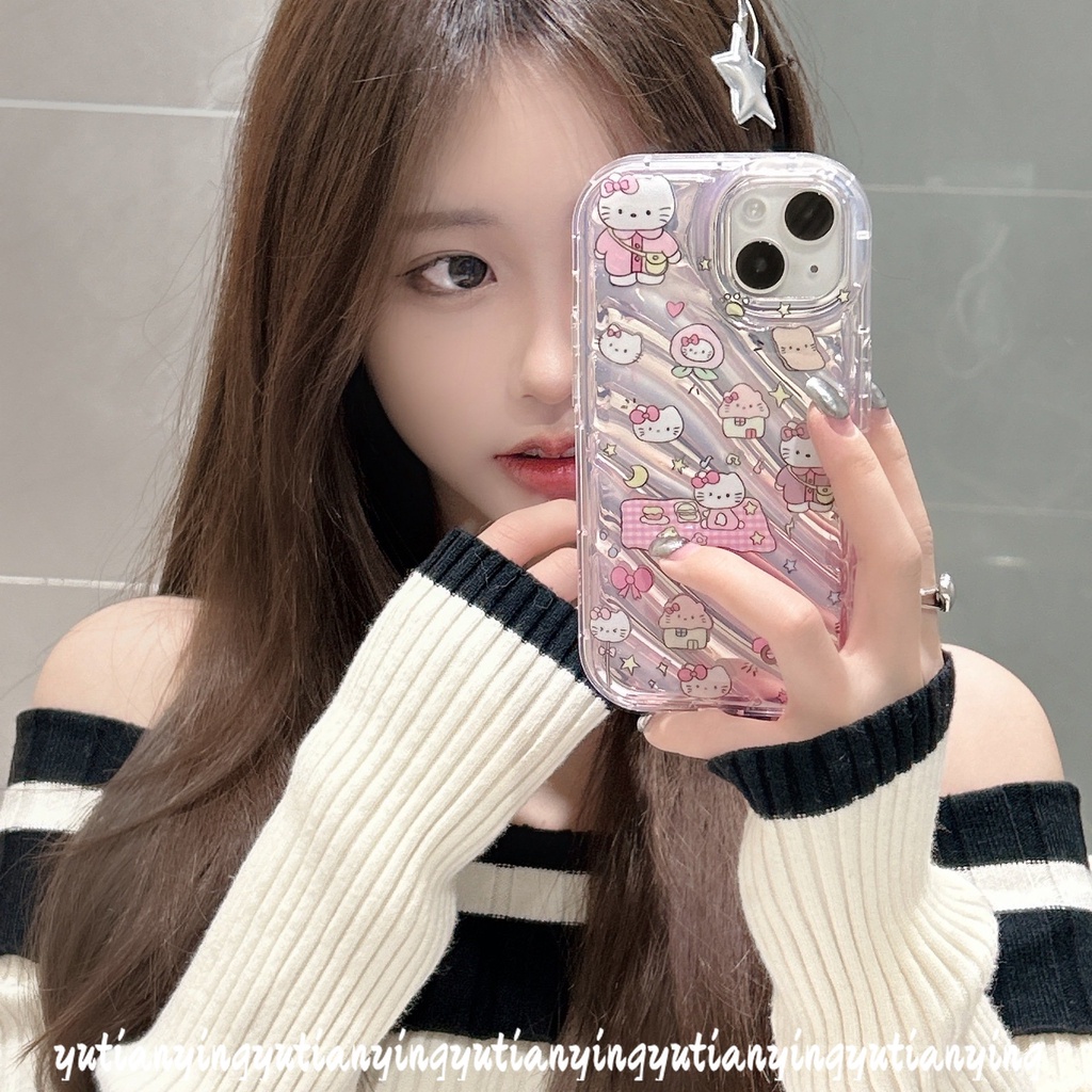 Casing Tombol Ponsel Digital Kartun Hello Kitty Vintage Kompatibel Untuk IPhone 7Plus XR XS X Max11 12 14 13 Pro Max7 6S 8 6 Plus Se2020 Kartu Laser Kerut Stereo 3D Soft Cover