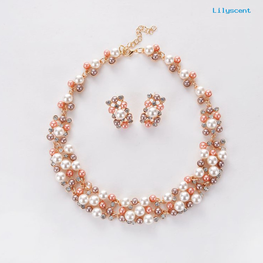 [LS]2 Pcs/set Perhiasan Pernikahan Mutiara Imitasi Multi Warna Royal Mewah Permukaan Halus Wanita Kalung Anting Set Aksesori Perempuan