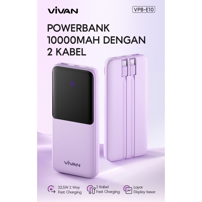 ( VPB-E10 )- VIVAN Powerbank 10000 mAh VPB-E10 4 Output Fast Charging 22.5W PD QC 3.0 VOOC Support Smartphone All Type-Garansi Resmi 1TH