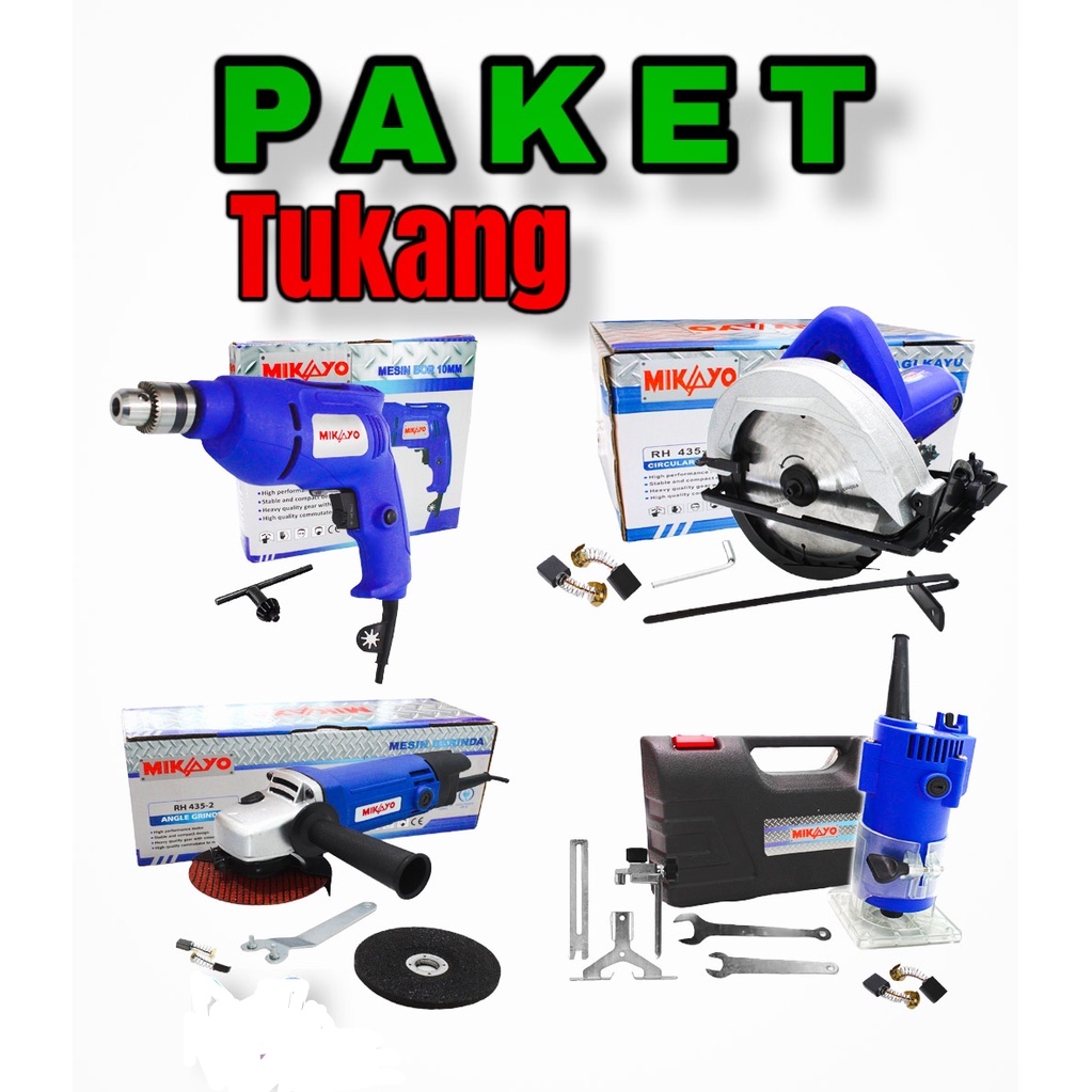 PAKET TUKANG 5 ITEM 5UNIT MESIN - CIRCULAR+JIGSAW+PROFIL KAYU+BOR 10MM+GERINDA TERMURAH- MIKAYO JAPAN TECNOLOGY