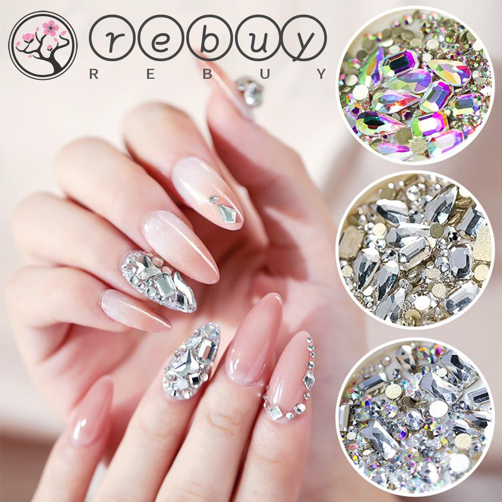 Rebuy Nail Rhinestones Warna-Warni DIY Glitter Manicure AB Flat-back DIY Nail Art Dekorasi Kristal Strass