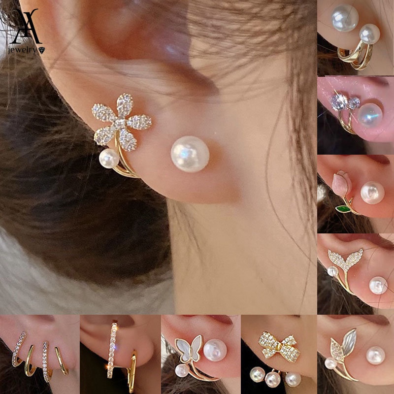 Ay(cn) Fashion Bunga Tulip Mutiara Stud Earrings Kristal Camelia Hati Anting Emas Untuk Aksesoris Perhiasan Wanita