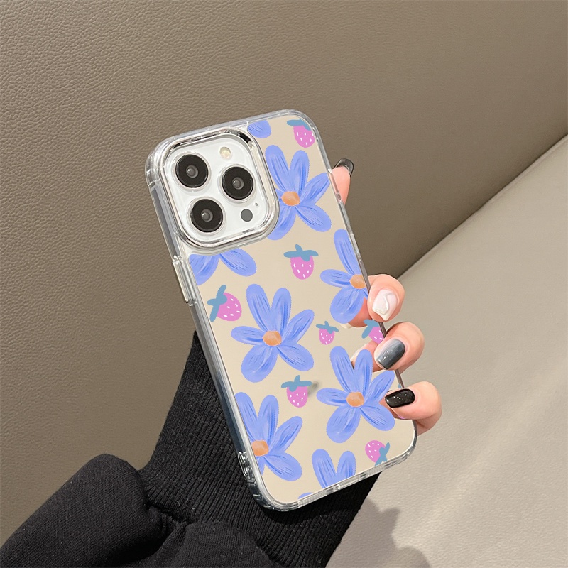 IPHONE Casing Ponsel Cermin Bunga Strawberry Biru Ungu Kompatibel Untuk Iphone11 12 13 14 12Pro 13Pro 14Pro Pro Max XR X XS Max Electroplating Tombol Perlindungan Mirror Cover