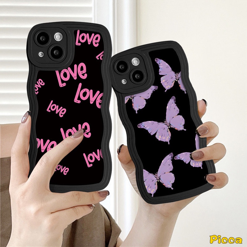 Ins Fashion Fantasy Butterfly Wavy Edge Phone Casing Untuk IPhone 7Plus 11 13 11 12 14 Pro Max XR 6s 8 6 7 Plus X XS Max SE 2020retro Flower Iove Letter Label Soft Back Cover