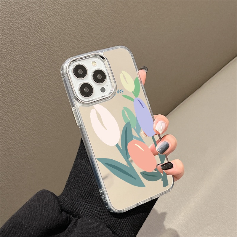 IPHONE Casing Ponsel Cermin Tulip Kompatibel Untuk Iphone11 12 13 14 12Pro 13Pro 14Pro Pro Max XR X XS Max Electroplating Tombol Perlindungan Mirror Cover