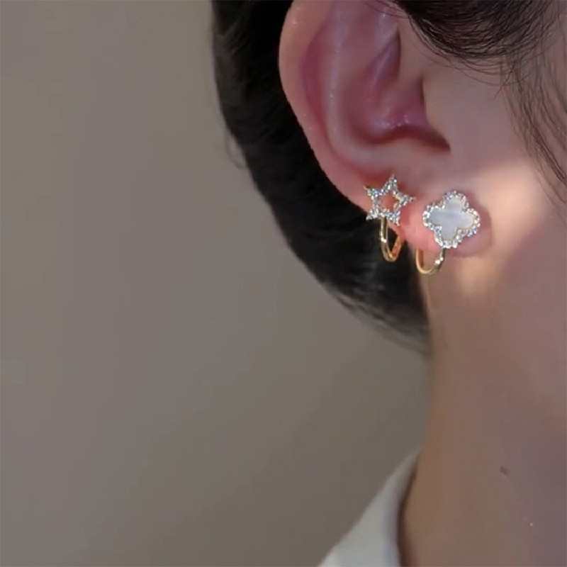 Ahellogirl Bunga Mutiara Zirkon Anting Perempuan Vintage Perancis Ganda C Perak Disepuh Earrings