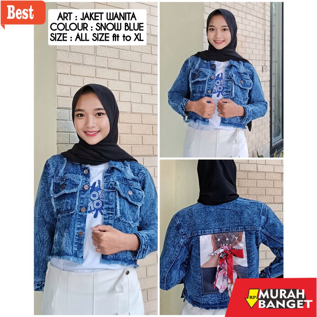 Jaket denim wanita terbaru- Jaket Jeans Wanita Snow  Oversize Motif Vintage