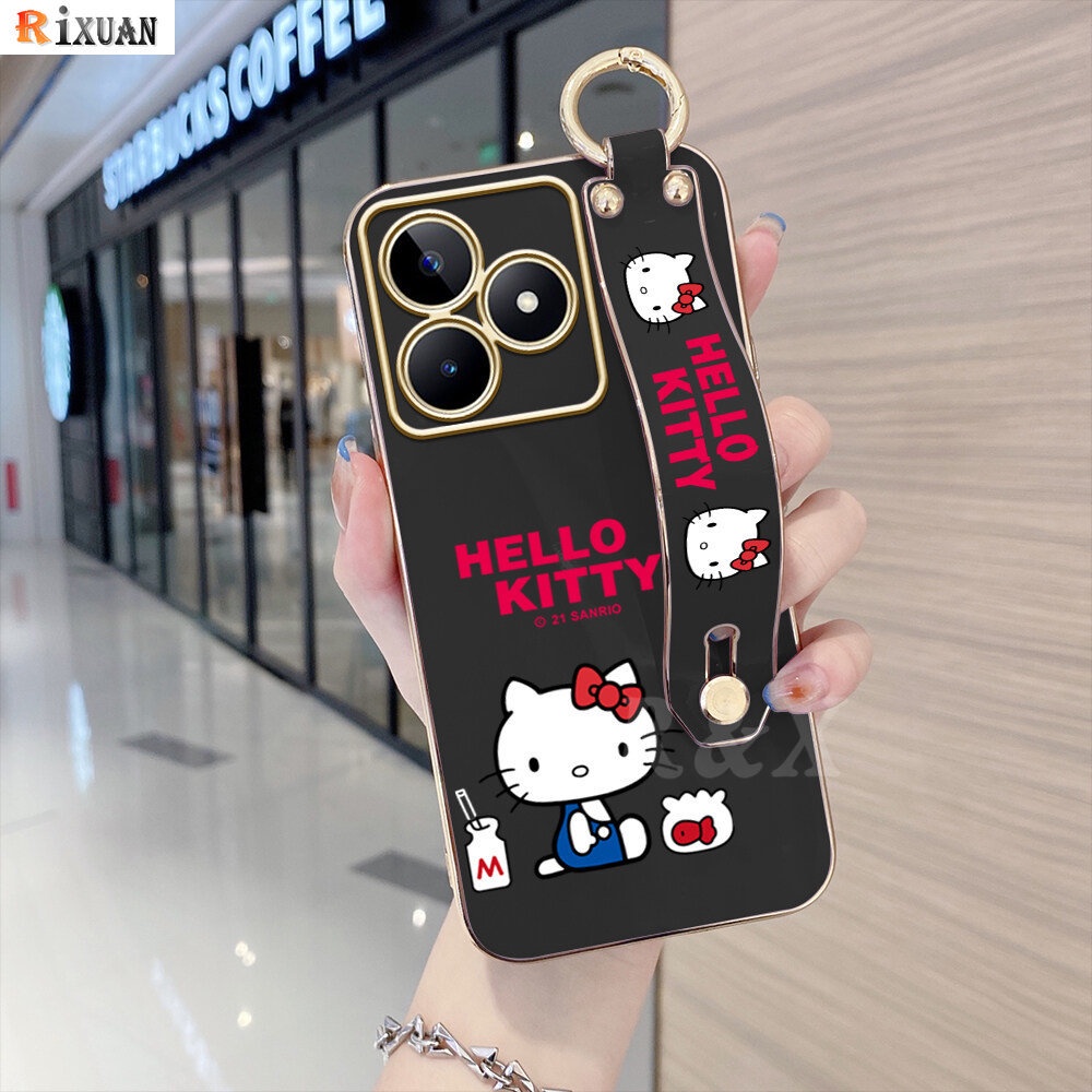 Casing Realme C53 C55 C33 C30 C35 C21Y C25Y C31 Realme10 5i 6i C11 2021 C15 C12 C25 C20 C2 Narzo 50A Kartun Kitty Cat Mewah Plating Soft Case Karet Dengan Holder Gelang Tangan RIXUAN