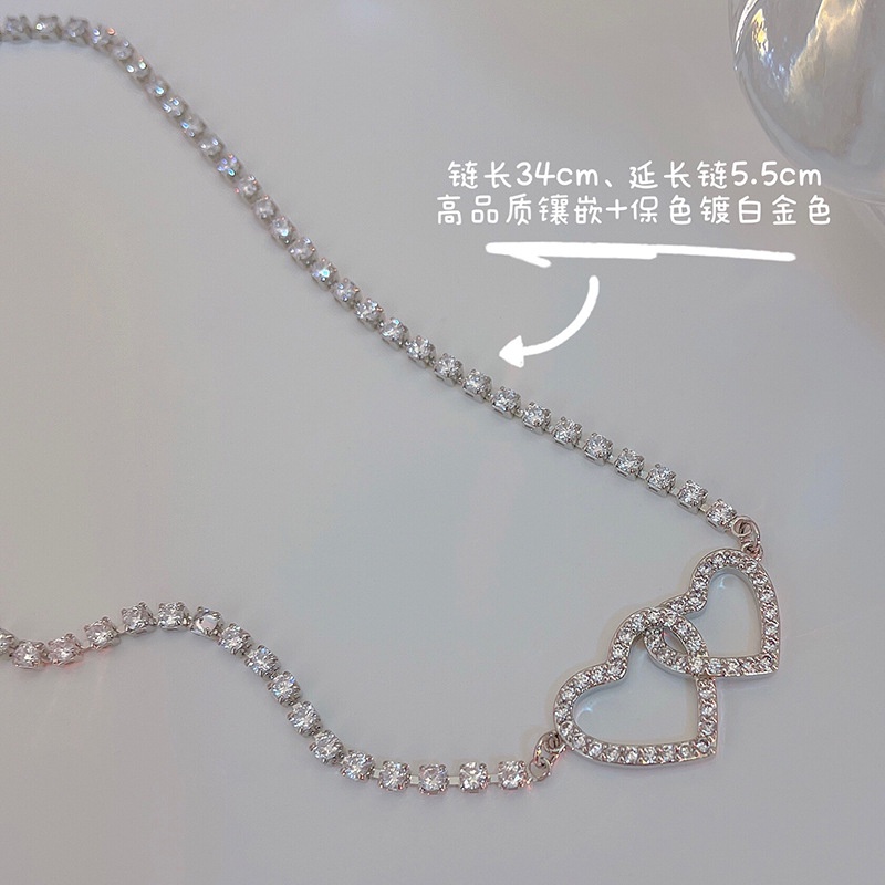 Jepang Korea Bertabur Berlian Cinta Ganda Kalung Hati Perempuan Cahaya Mewah Desain Niche Rantai Klavikula Sederhana Berkelas Kalung Trendi