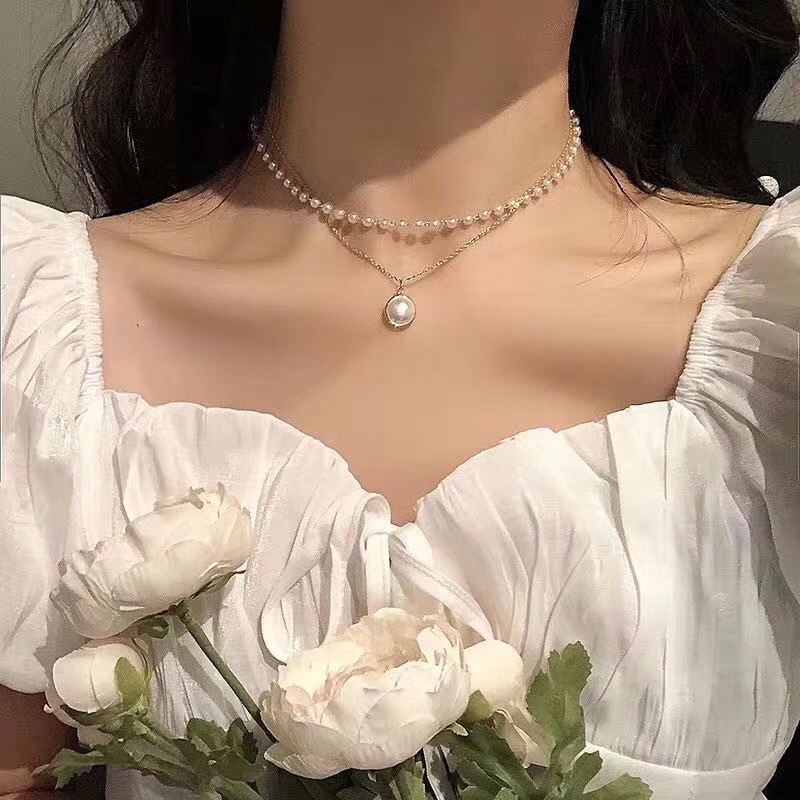 Choker Influencer Retro ins Sederhana Double Layer Mutiara Kalung Perempuan Trendi Rantai Klavikula Leher Pita Leher Pendek