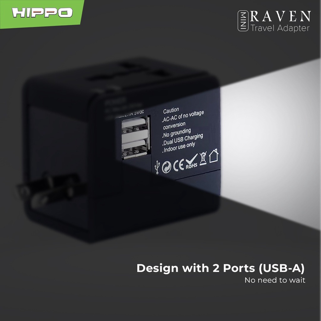 Hippo Travel Adapter Raven Mini (4 USB A + 1 USB C) Black Travel Charger Dual USB 12W (US/AU/EU/UK)