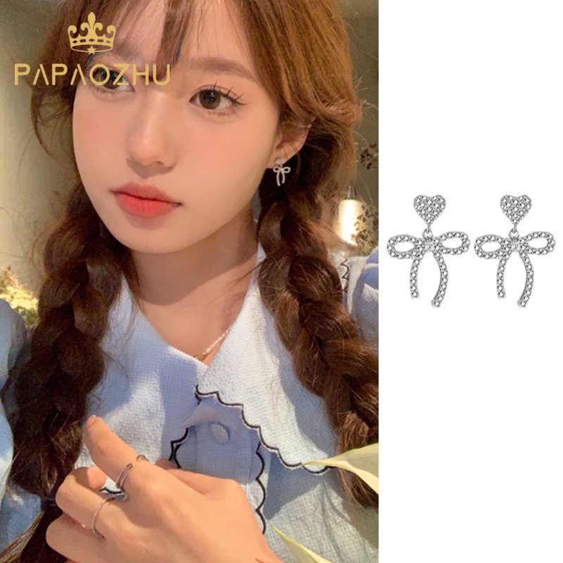 Papaozhu Halus s925 Perak Glittery Zirkon Berongga Busur Stud Anting-Anting Untuk Wanita Perempuan Korea Indah Ikatan Simpul Menjuntai Anting-Anting Fashion Telinga Perhiasan