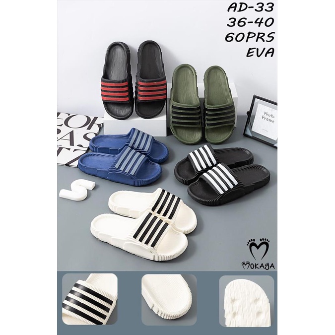 Sandal Slop Eva Pria Ban Motif 4 Garis Anti Slip Super Ringan Keren Trendy Import Mokaya / Size 36-40 (AD-33)