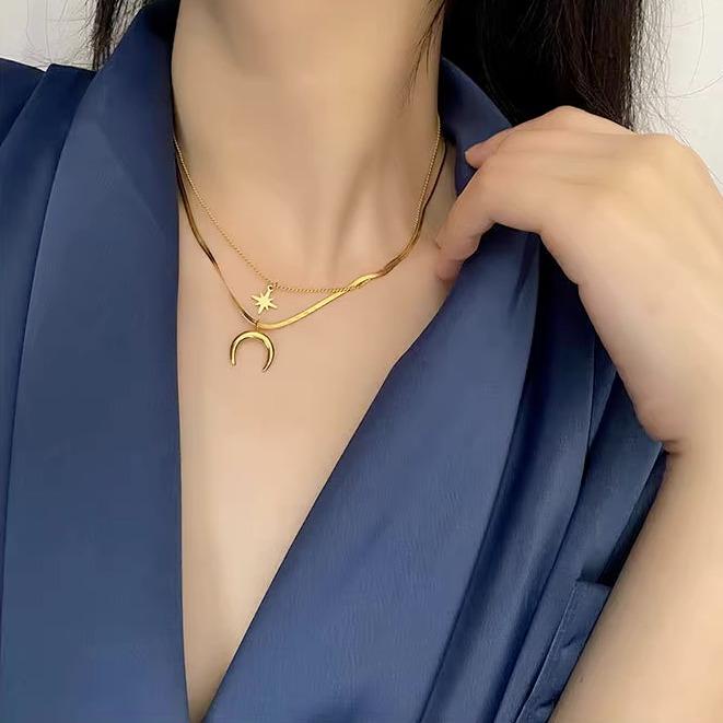 Kalung Multilayer Wanita Rantai Pipih Sabit 2 Layer Terpisah Aksesoris Fashion