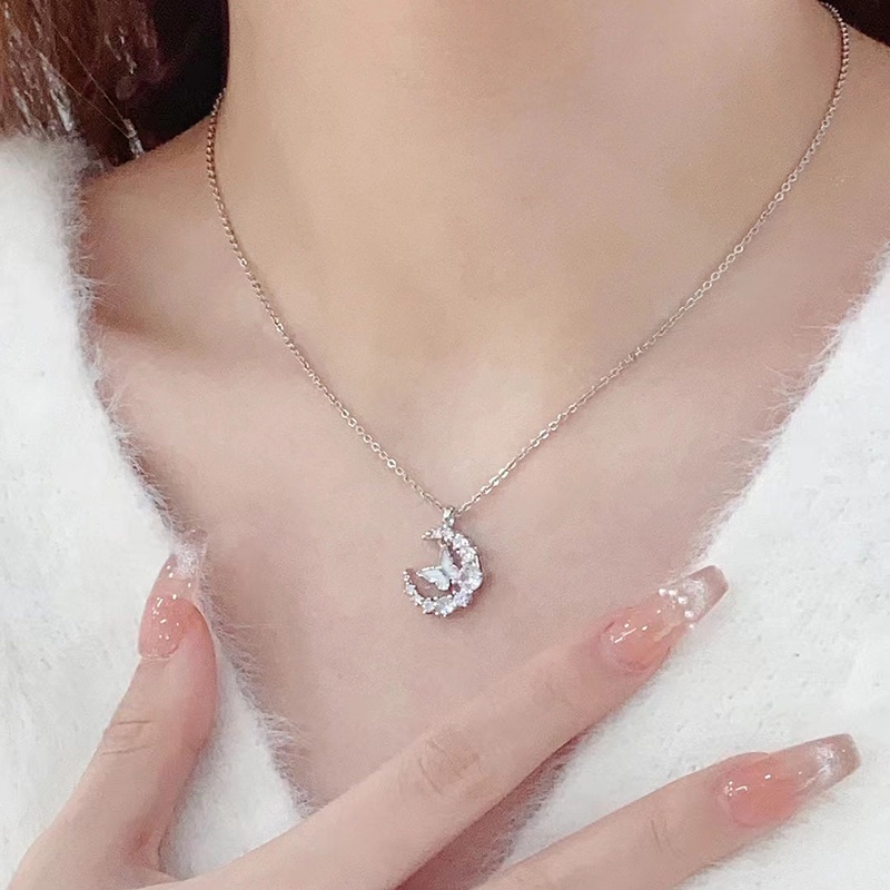 Kalung Butterfly Bulan Bahan Alloy Zircon Korea Untuk Wanita