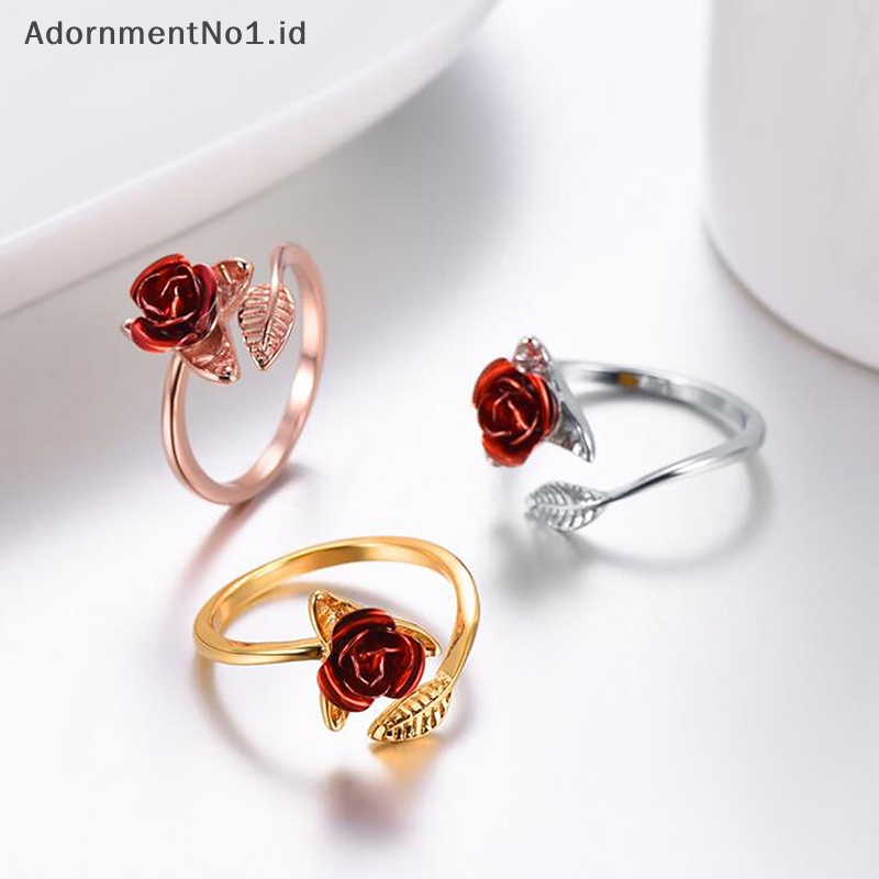 [AdornmentNo1] Bunga mawar merah daun cincin pembukaan untuk wanita bunga Fashion cincin jari yang dapat disesuaikan hari valene perhiasan pertunangan hadiah