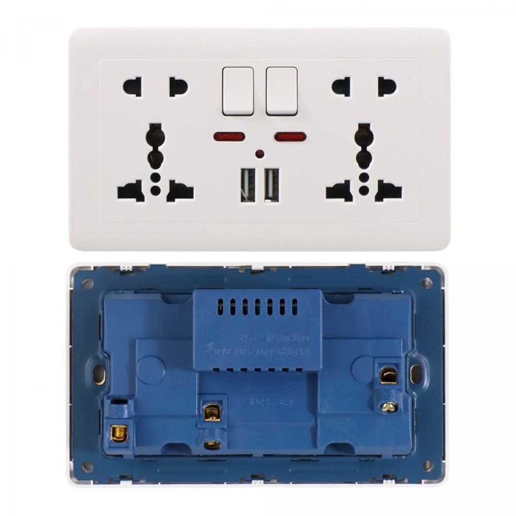 Stop Kontak Dinding Universal UK EU US 2 Slot with 2 USB On Off Switch