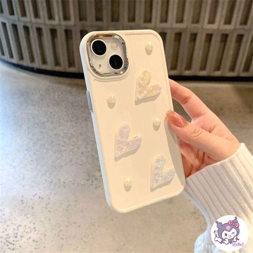 Compatible For iPhone 14 13 12 11 Pro Max SE2020 X Xr Xs Max 8 7 6 6s Plus Fashion  3D Love Heart Cream Pearl Metal Buttons Shockproof Phone Case Soft Cover