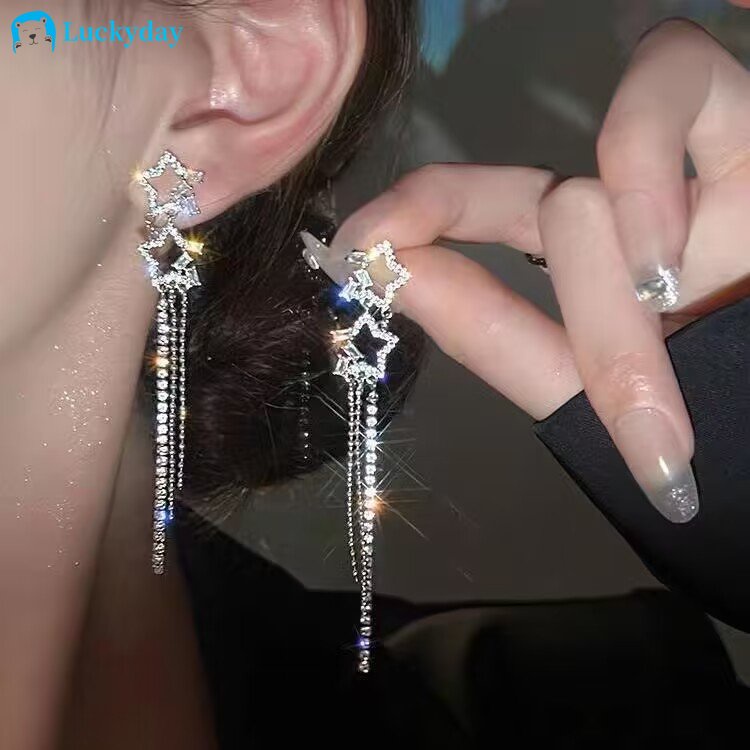 Yeezii elegan zirkon kristal bintang ganda Drop anting mewah perak anting panjang untuk wanita Hypoallergenic perhiasan aksesoris