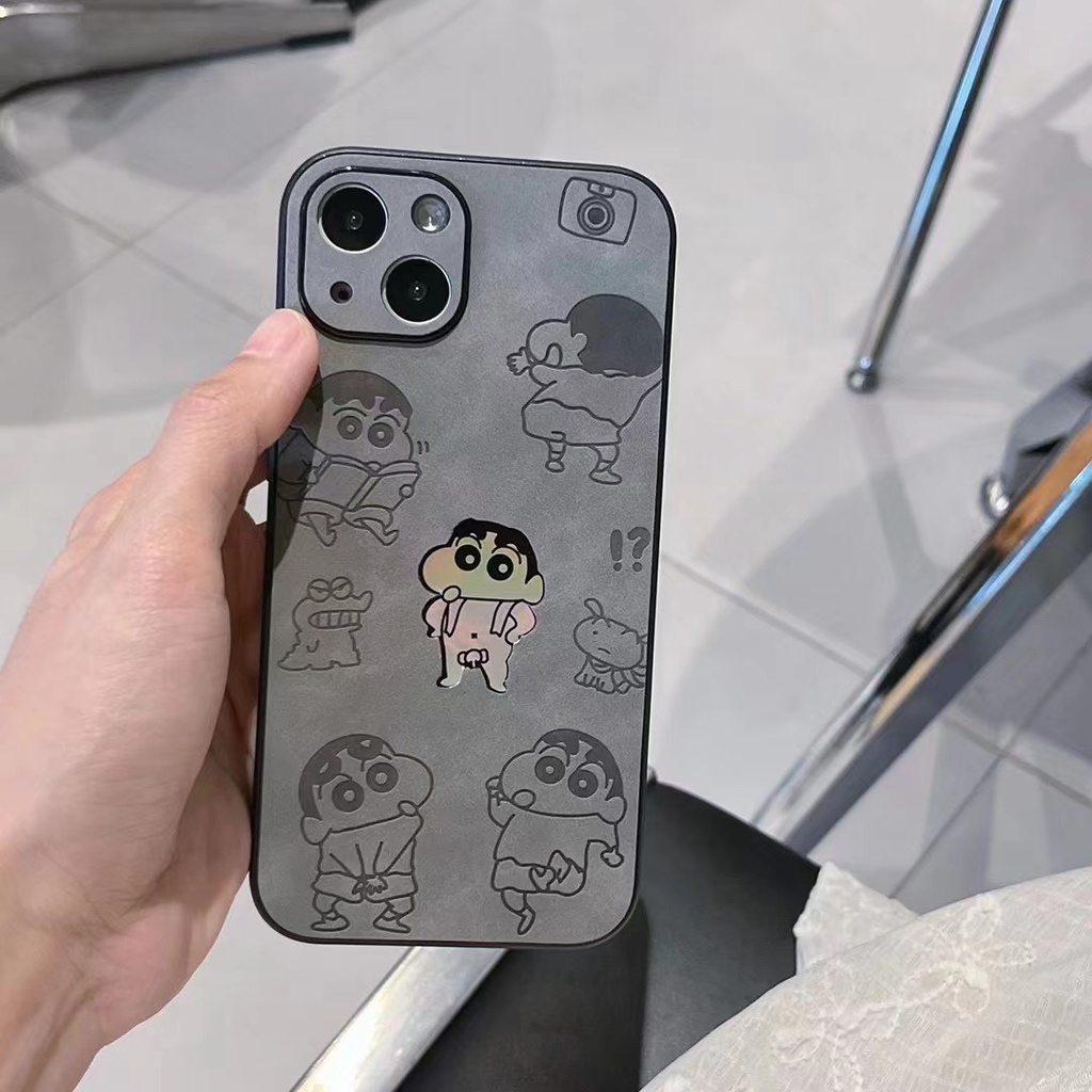 【Gradient Laser】Cool Cute Crayon Shin-chan Soft Bumper Hard Case IPhone 11 12 13 14 Pro Max Camera Protect for Girl Women Man Men's Fashion Gift Black Gray Cartoon Phone Case